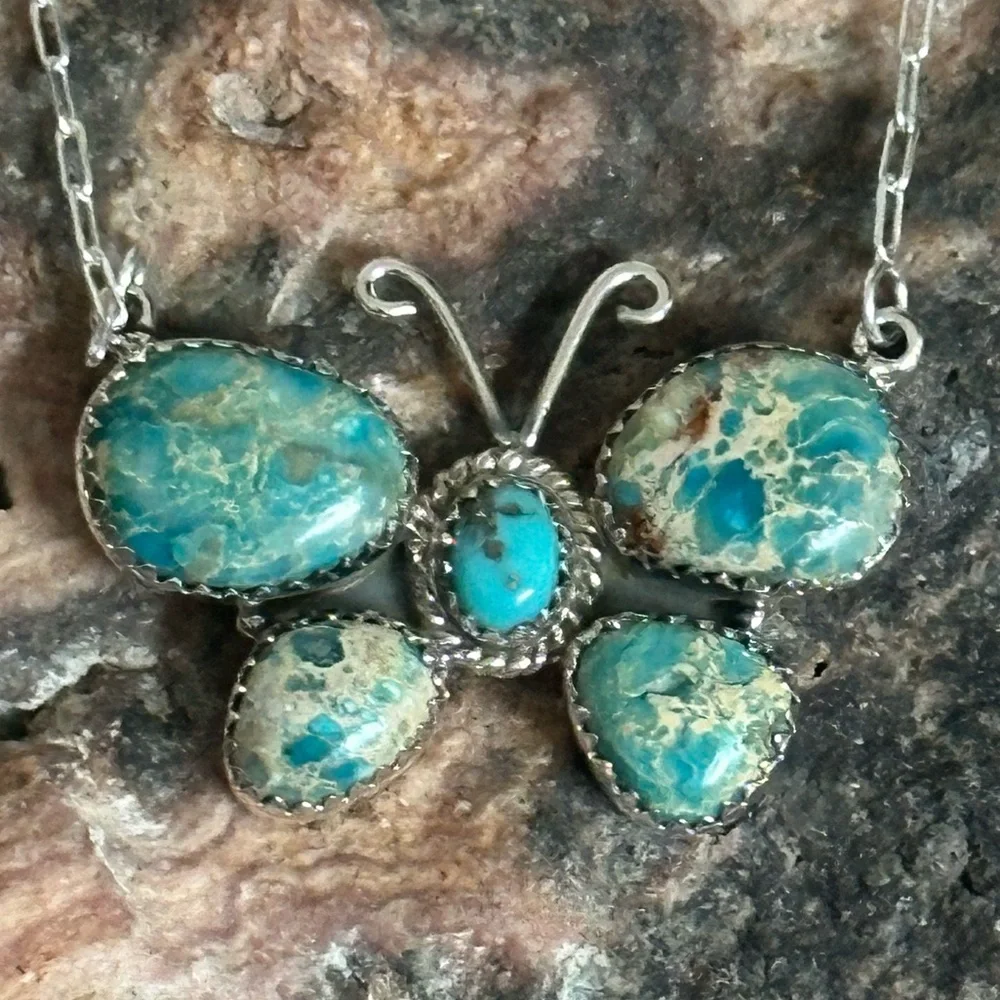 Turquoise & Sea Sediment Jasper Butterfly Southwestern Sterling Silver Necklace - Picture 2 of 9